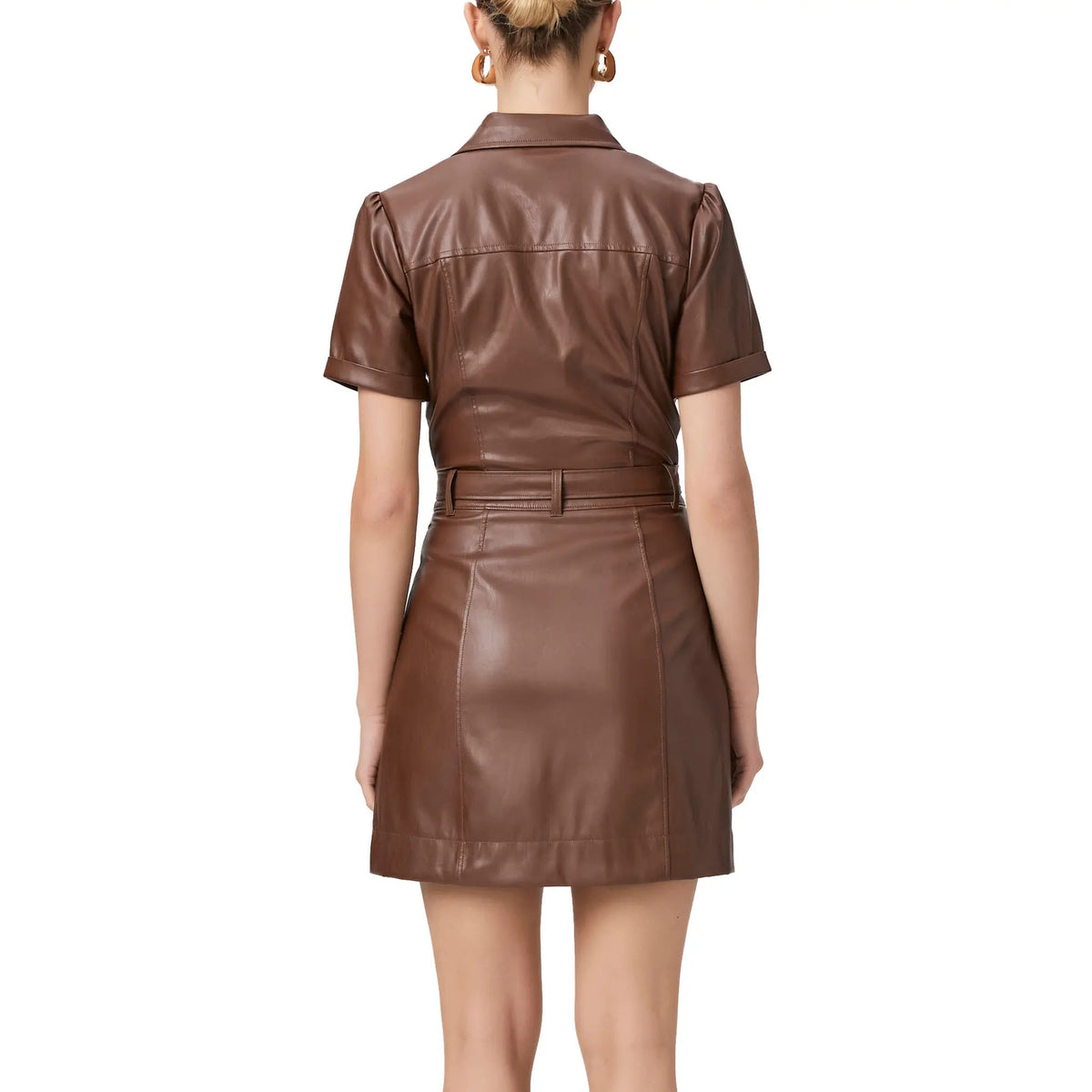 Button Fastening Front Mini Leather Shirt Dress M / Black