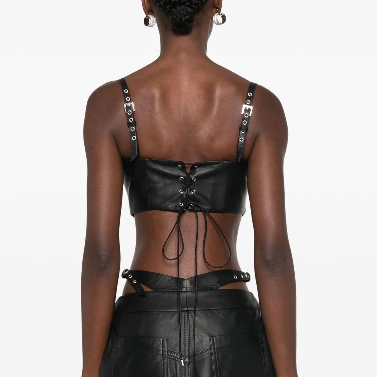Croc Embossed Panel Women Sleeveless Lambskin Leather Crop Top