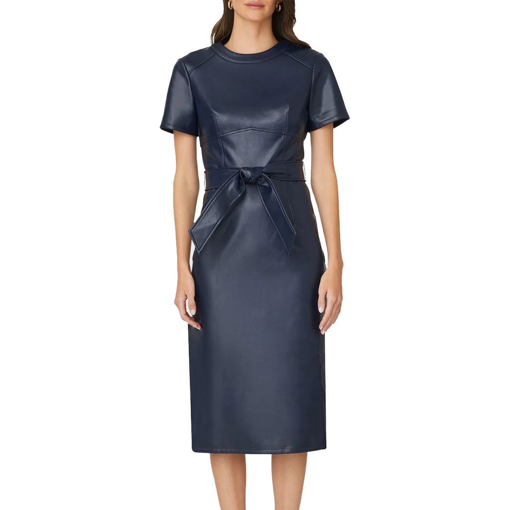 Navy Blue Women Midi Leather Dress With Belt| HotLeatherWorld M / CHOCOLATE BROWN