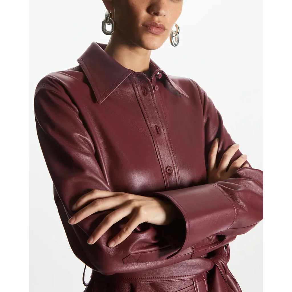 burgundy leather shirt dress Dark Red Women Midi For Mothers Day Cut from supple Polyamide Modest Long Chiffon Formal Colors:Blue 504
