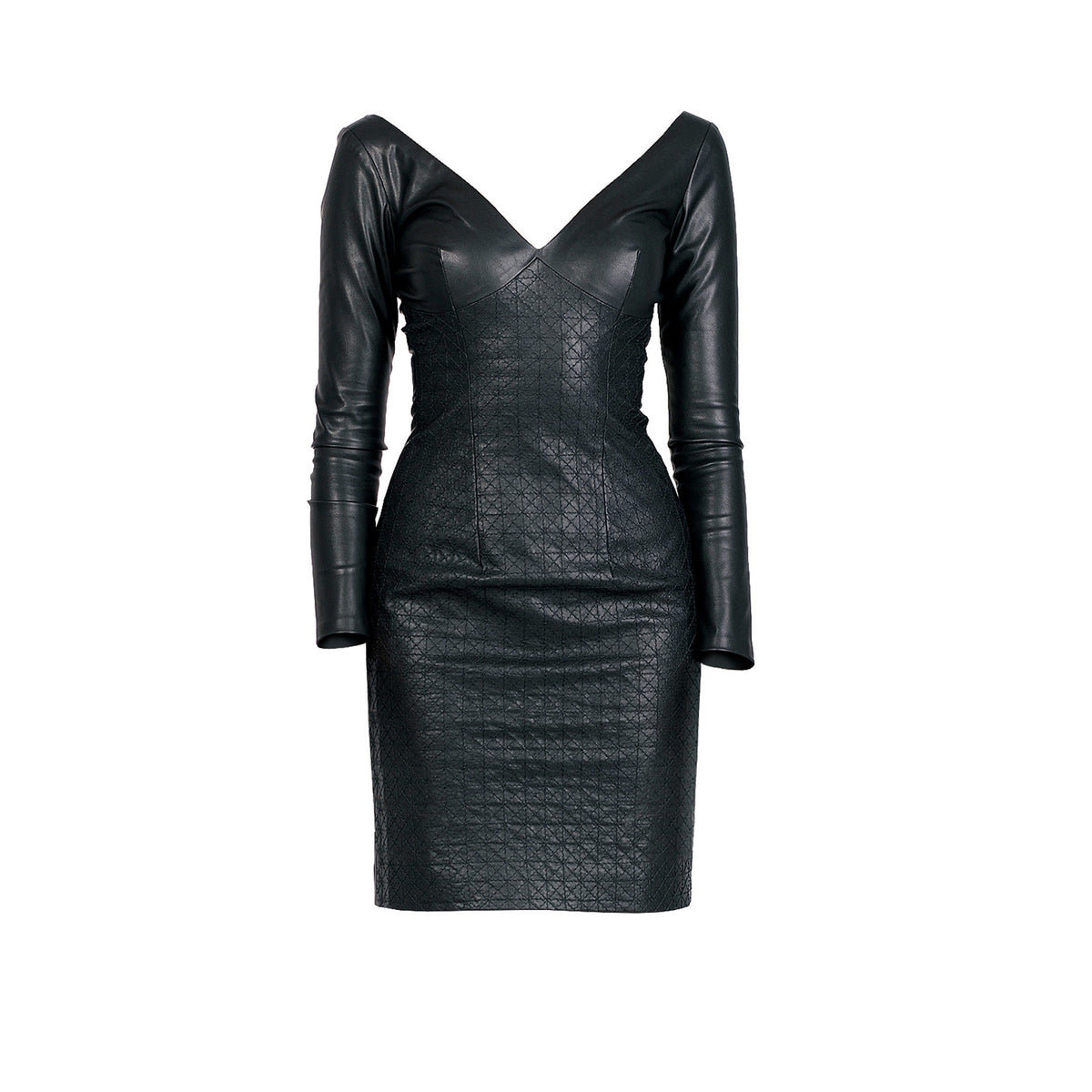 Black Long Sleeves Stitch Detailing Women Genuine Leather Dress Burgundy / Xs