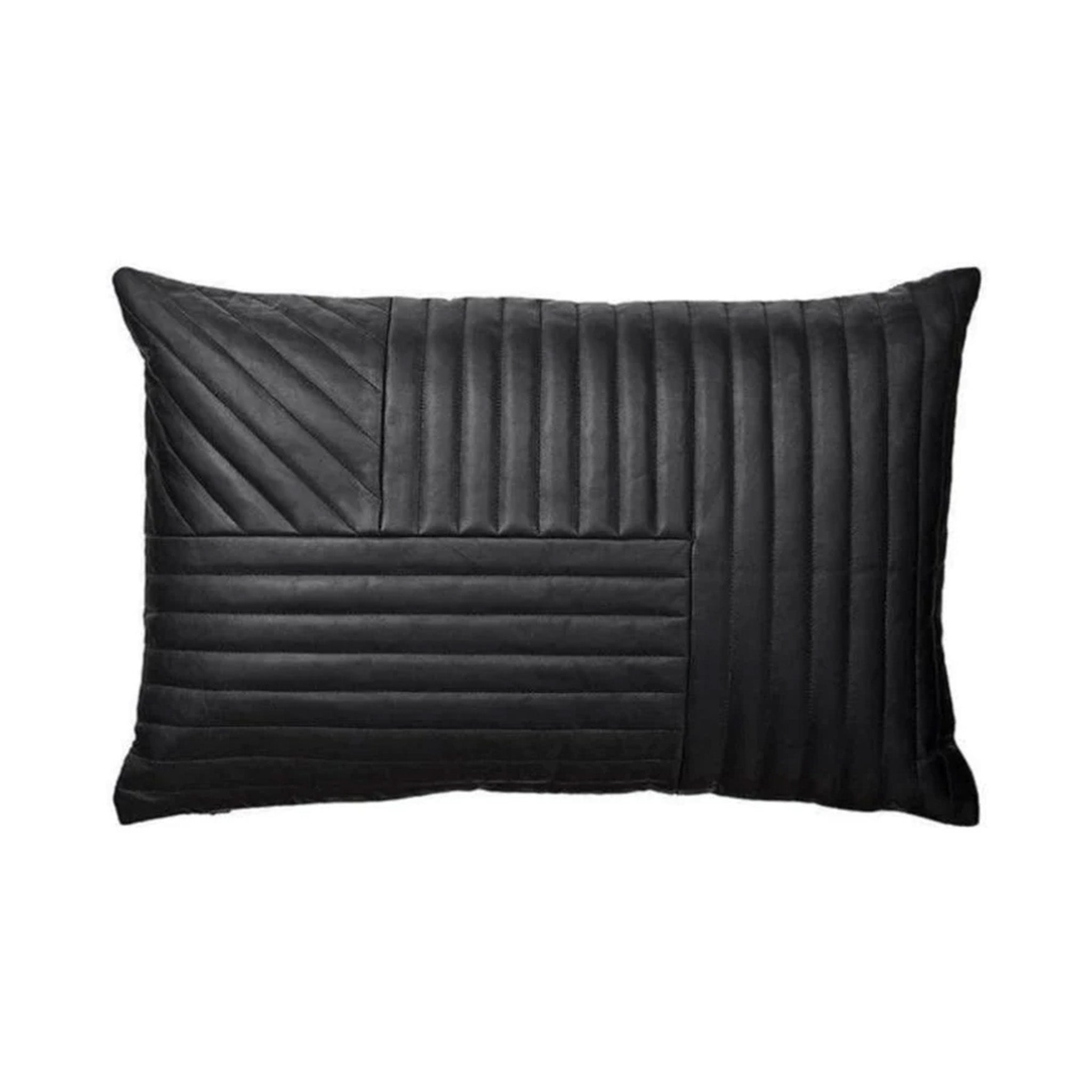 Paneled Style Black Genuine Leather Pillow Cover