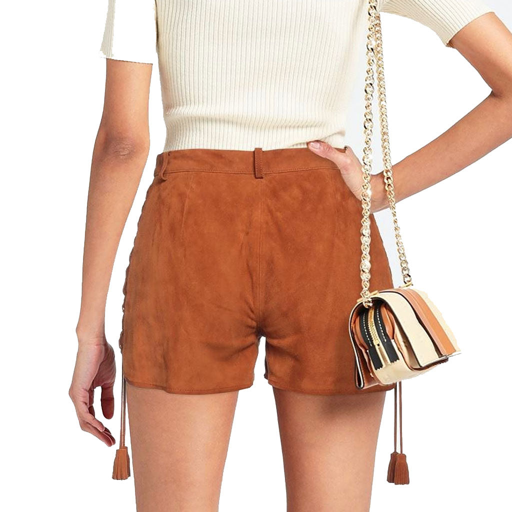 Tan Brown Side Lace Up Women Suede Leather Summer Shorts