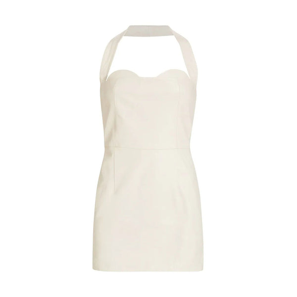 Off White Halter Neck Women Mini Leather Dress -  HOTLEATHERWORLD