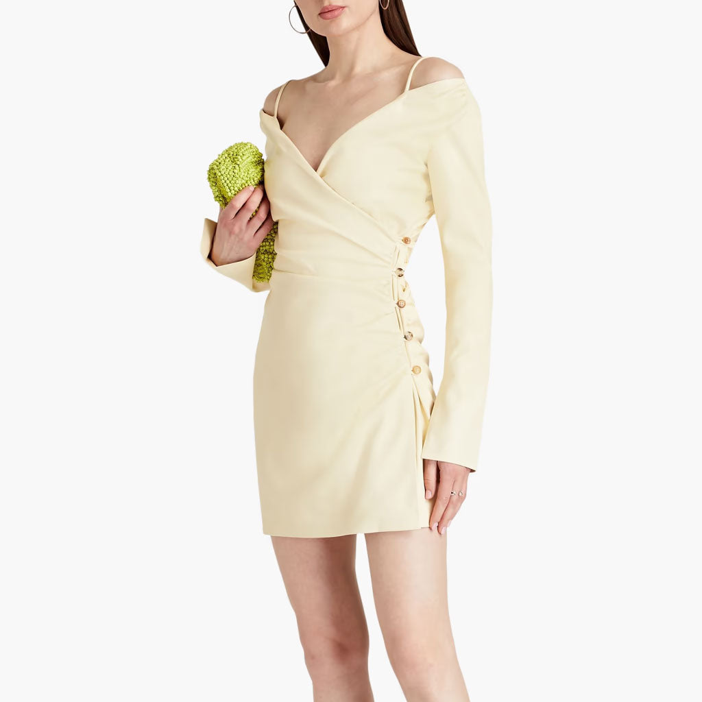 Creme Cold Shoulder Wrap Style Mini Leather Dress -  HOTLEATHERWORLD