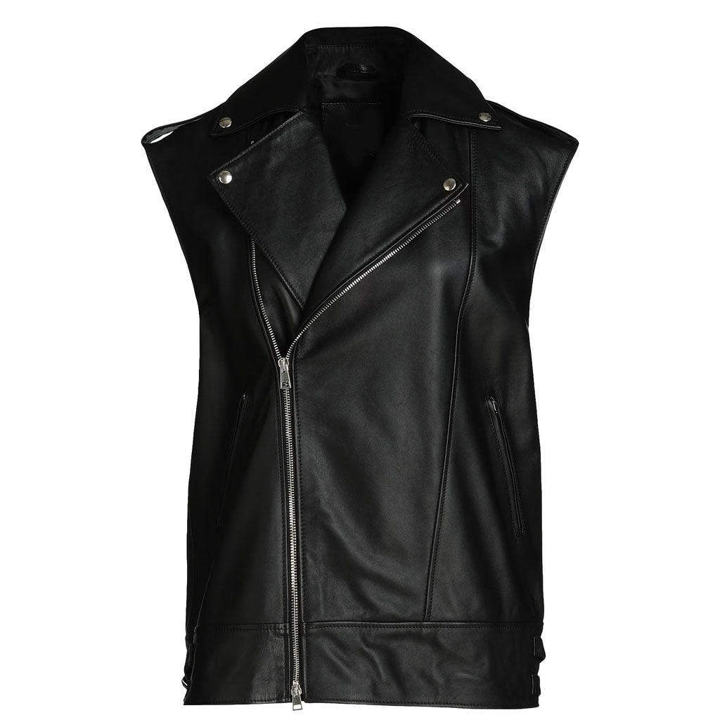 Solid Black Biker Style Women Sleeveless Leather Jacket