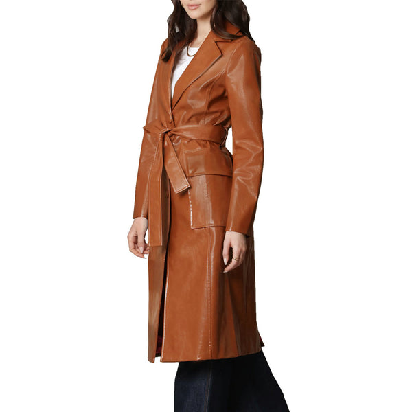 Elegant Brown Minimal Women Long Line Leather Trench Coat -  HOTLEATHERWORLD