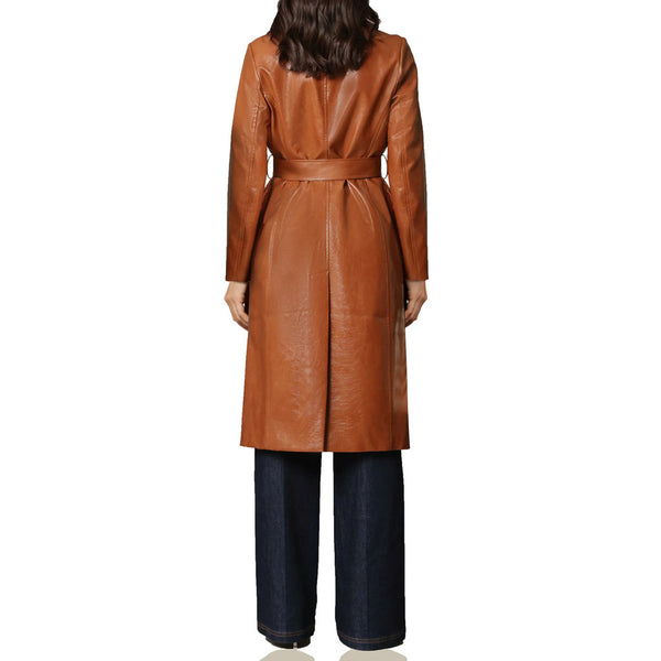 Elegant Brown Minimal Women Long Line Leather Trench Coat -  HOTLEATHERWORLD