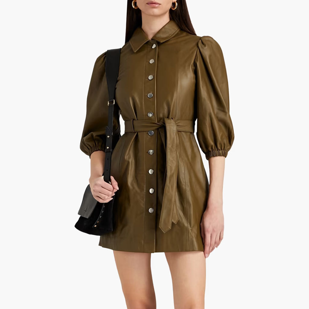 Chocolate Brown Buttoned Women Leather Shirt Dress| HotLeatherDress S / White