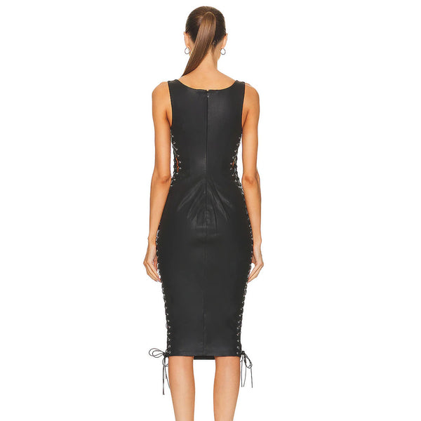 Solid Black Side Laced Detailed Women Genuine Leather Dress -  HOTLEATHERWORLD