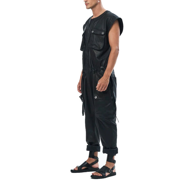Solid Black Men Street Style Leather Jumpsuit -  HOTLEATHERWORLD