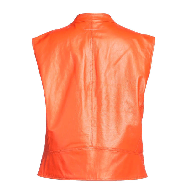 Bright Orange Zipper Detailed Women Leather Sleeveless Jacket -  HOTLEATHERWORLD