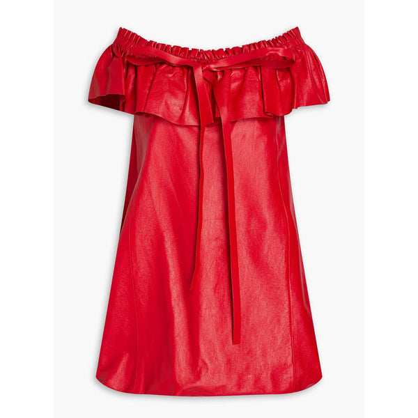 Cherry Red Off Shoulder Women Mini Leather Dress -  HOTLEATHERWORLD