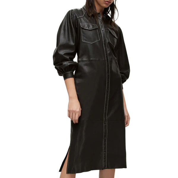 Aesthetic Black Button Down Women Leather Shirt Dress -  HOTLEATHERWORLD