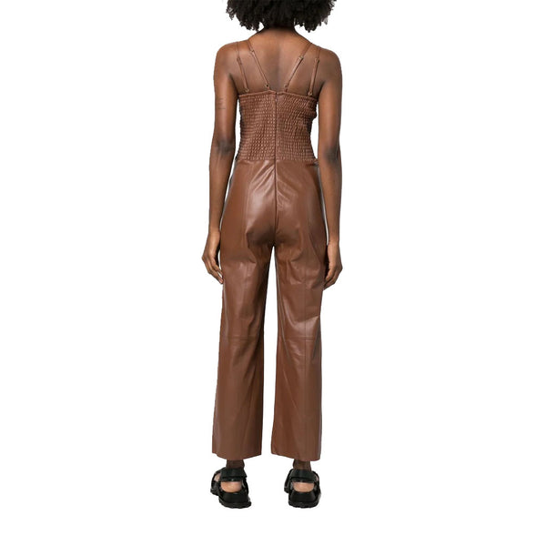 Classy Brown Cool Summer Leather Women Jumpsuit -  HOTLEATHERWORLD