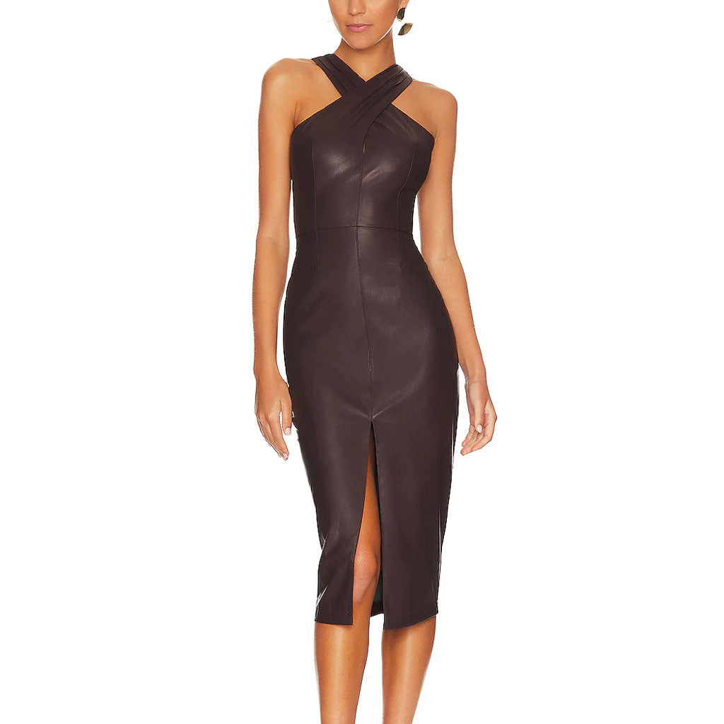 Solid Brown Criss Cross Halter Neck Women Leather Dress 2XL / RED