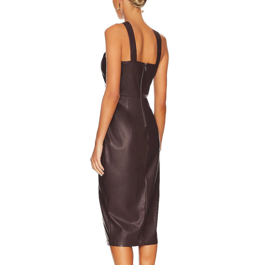 Solid Brown Criss Cross Halter Neck Women Leather Dress 2XL / RED