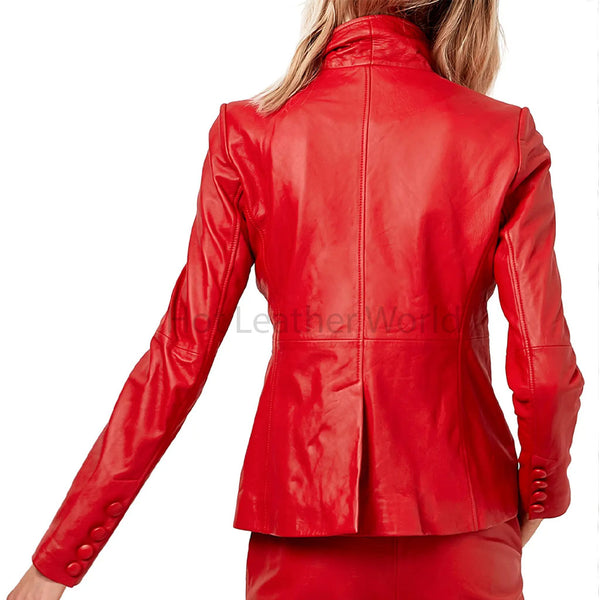 Hot Red Buttoned Women Genuine Leather Blazer -  HOTLEATHERWORLD