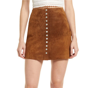 Tan Brown A Line Snap Buttoned Front Women Suede Mini Skirt -  HOTLEATHERWORLD