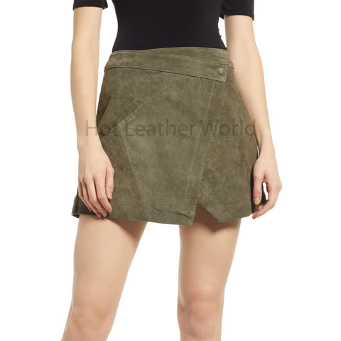 Herb Green Wrap Style Women Suede Mini Leather Skirt -  HOTLEATHERWORLD