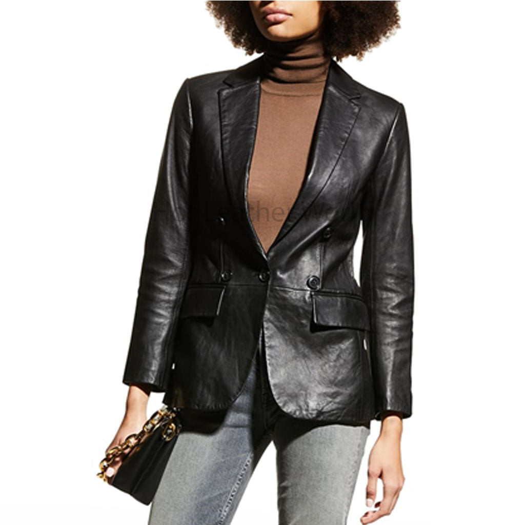 Retro Black Double Breasted Women Genuine Leather Blazer -  HOTLEATHERWORLD