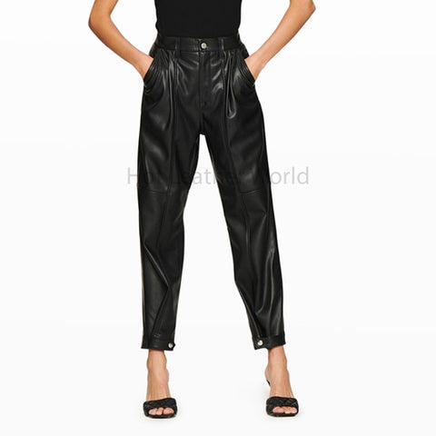 Stylish Black Pleated Waist And Snap Cuff Women Genuine Leather Pant -  HOTLEATHERWORLD