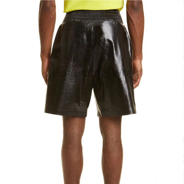 Premium Polished Black Pull Up Men Leather Shorts -  HOTLEATHERWORLD