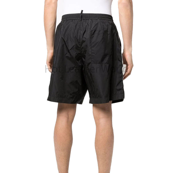 Sporty Black With White Stripes Men Leather Shorts -  HOTLEATHERWORLD
