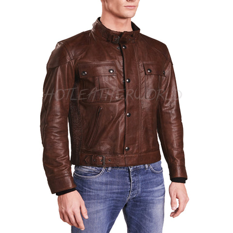 Brown Classic Style Men Leather Jacket -  HOTLEATHERWORLD