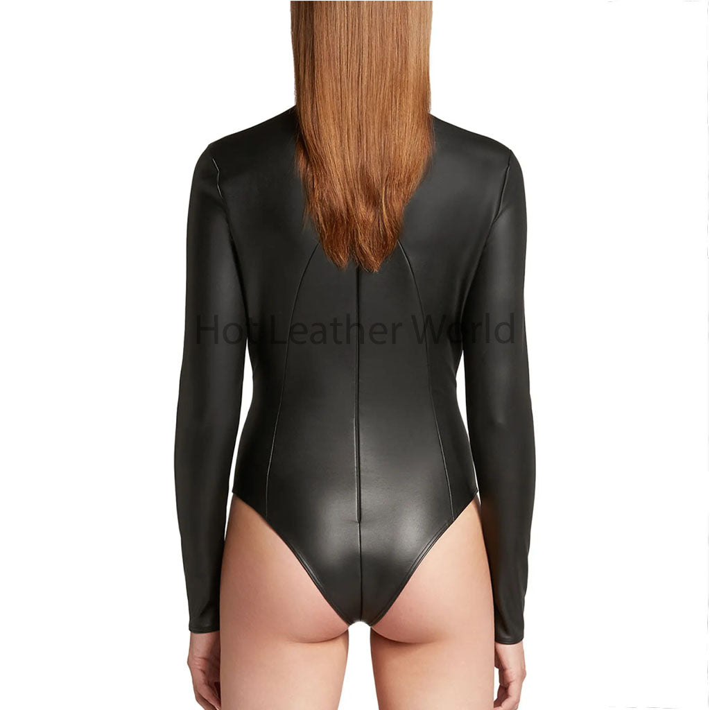 Chic Black Mock Neck Long Sleeves Women Faux Leather Bodysuit
