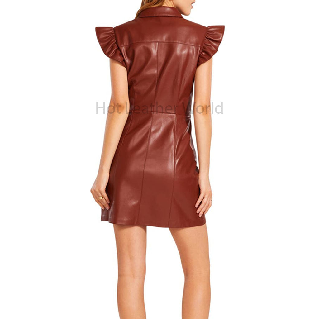 Classy Brown Ruffle Cap Sleeves Women Shirt Style Mini Leather Dress 2XL / DARK RED Classy Brown Ruffle Cap Sleeves Women Shirt Style Mini Leather Dress 2XL / DARK RED