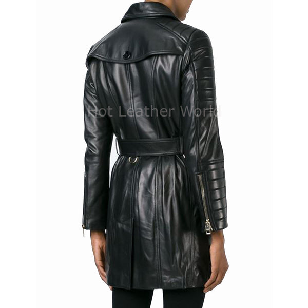 Double Breasted Women Winter Leather Coat -  HOTLEATHERWORLD