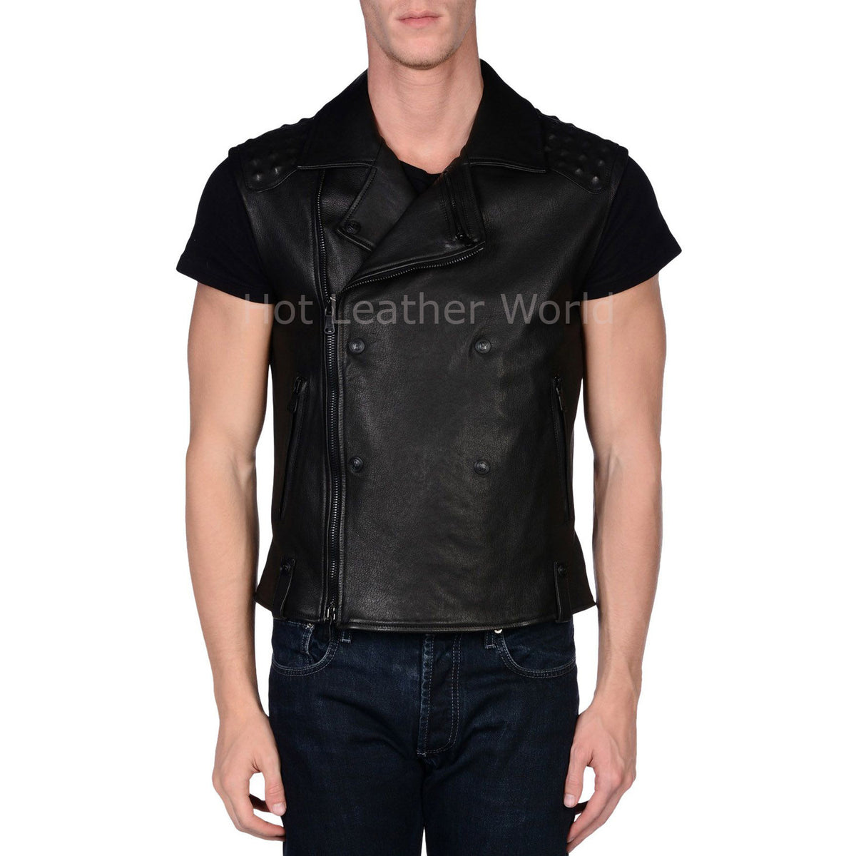 Sleeveless Style Men Leather Double Breasted Jacket | HOTLEATHERWORLD