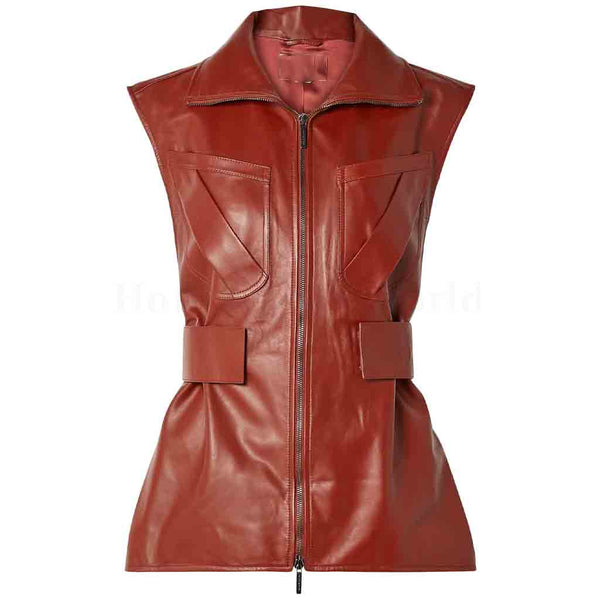 Brown Multi Pockets Women Leather Vest -  HOTLEATHERWORLD