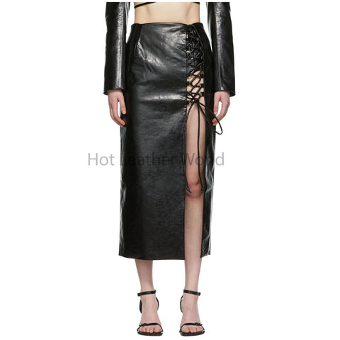 Voguish Black Side Laced Detailing Women Hot Midi Leather Skirt -  HOTLEATHERWORLD