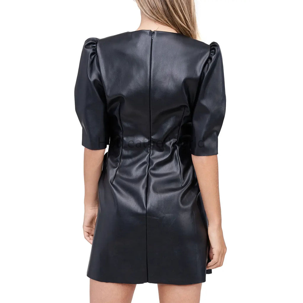 Black Puff Sleeve Elegant Women Mini Faux Leather Dress
