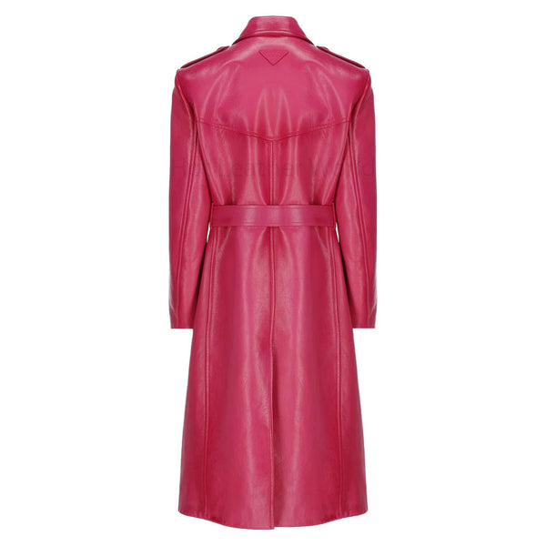 Hot Pink Double Breasted Women Leather Trench Coat -  HOTLEATHERWORLD