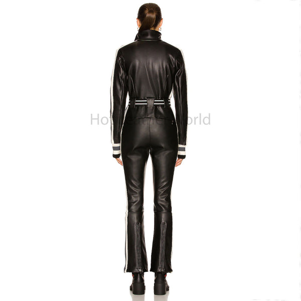 Sporty Black With White Stripes Women Genuine Leather Jumpsuit -  HOTLEATHERWORLD