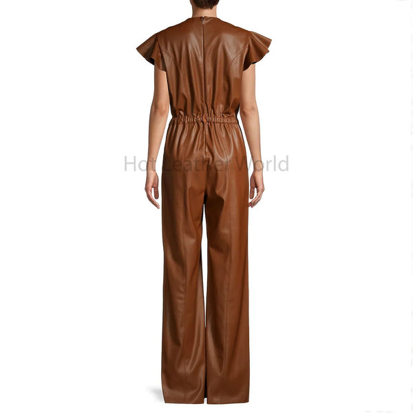 Classy Brown Bell Bottom Women Faux Leather Jumpsuit -  HOTLEATHERWORLD