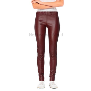 Minimal Maroon Tapered Leg Women Genuine Leather Pant -  HOTLEATHERWORLD