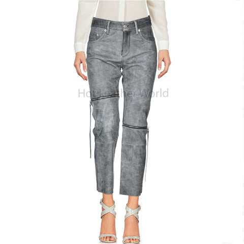 Stylish Steel Grey Textured Zipper Detailed Women Genuine Leather Pant -  HOTLEATHERWORLD