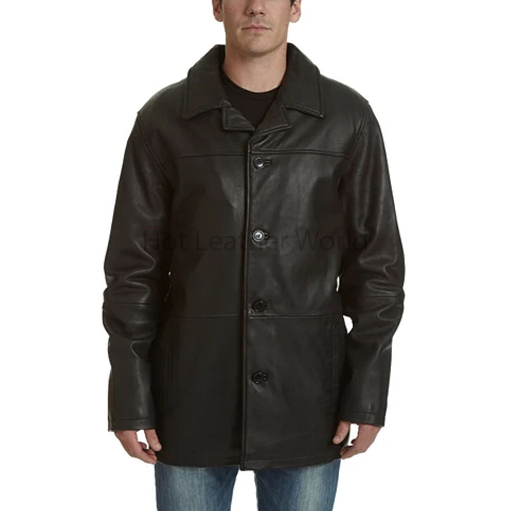 Classy Black Minimal Men Leather Car Coat HOTLEATHERWORLD