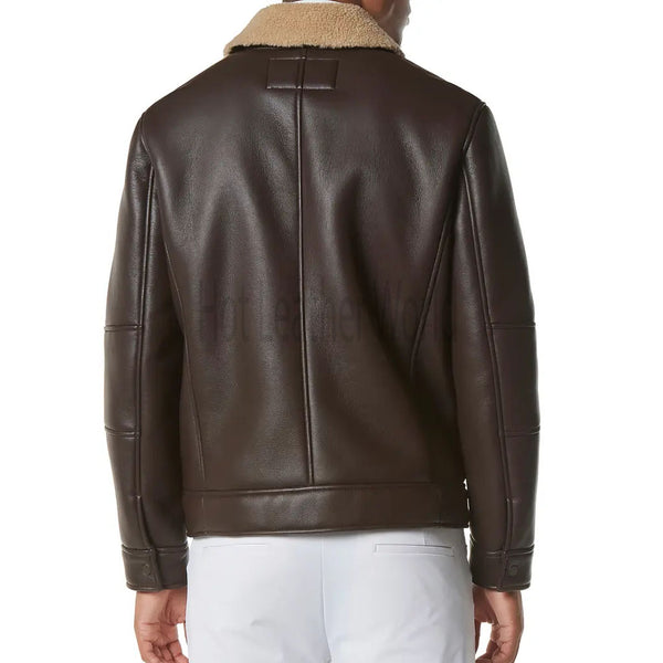 Dark Brown Shearling Collared Men Leather Jacket -  HOTLEATHERWORLD