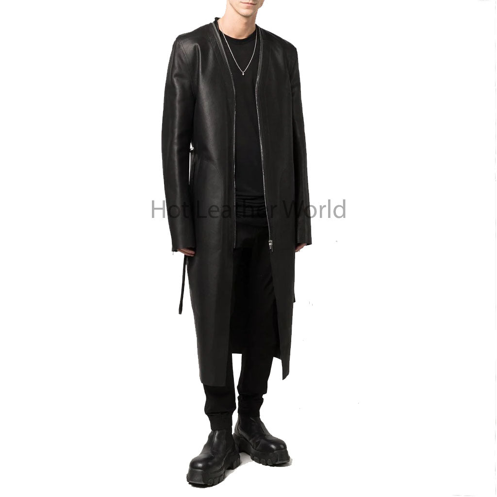 Classy Black Minimal Detailed Men Long Leather Coat -  HOTLEATHERWORLD