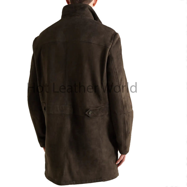 Dark Brown High Neck Shearling Suede Leather Coat -  HOTLEATHERWORLD