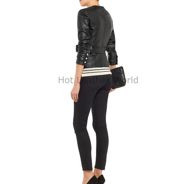 Round Neck Women Leather Biker Jacket -  HOTLEATHERWORLD