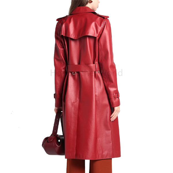Classy Red Double Breasted Women Leather Trench Coat -  HOTLEATHERWORLD