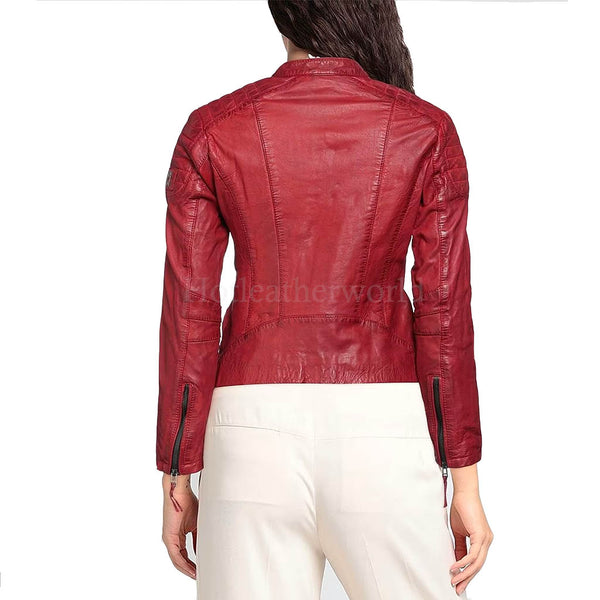 Paneled Stitch Detailed Red Genuine Leather Women Jacket -  HOTLEATHERWORLD
