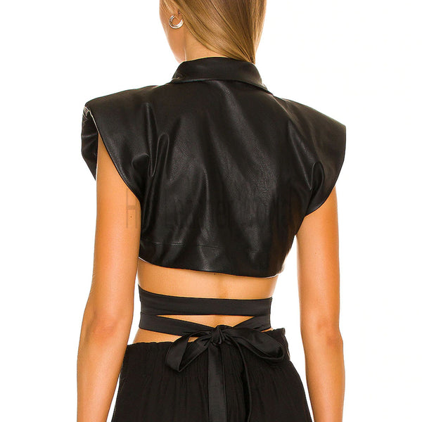 Solid Black Wrap And Tie Women Cropped Leather Top -  HOTLEATHERWORLD
