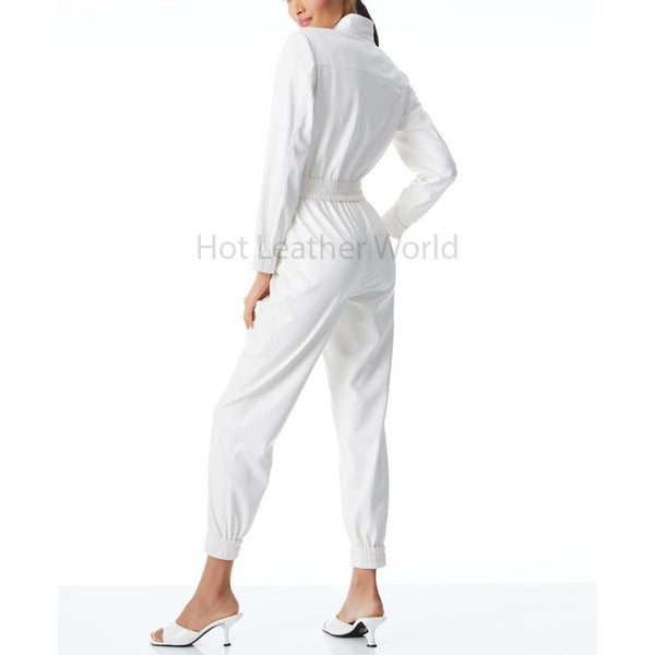 Voguish Off White Elasticized Detailed Women Hot Leather Jumpsuit -  HOTLEATHERWORLD